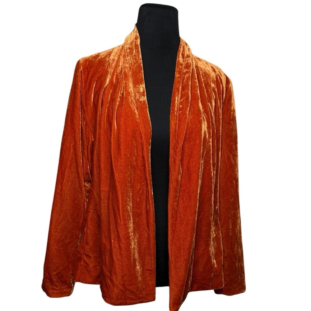 Chico’s Velvet Blazer Jacket Open SZ 1 M  Fall Orange Boho Artsy Class Dressy